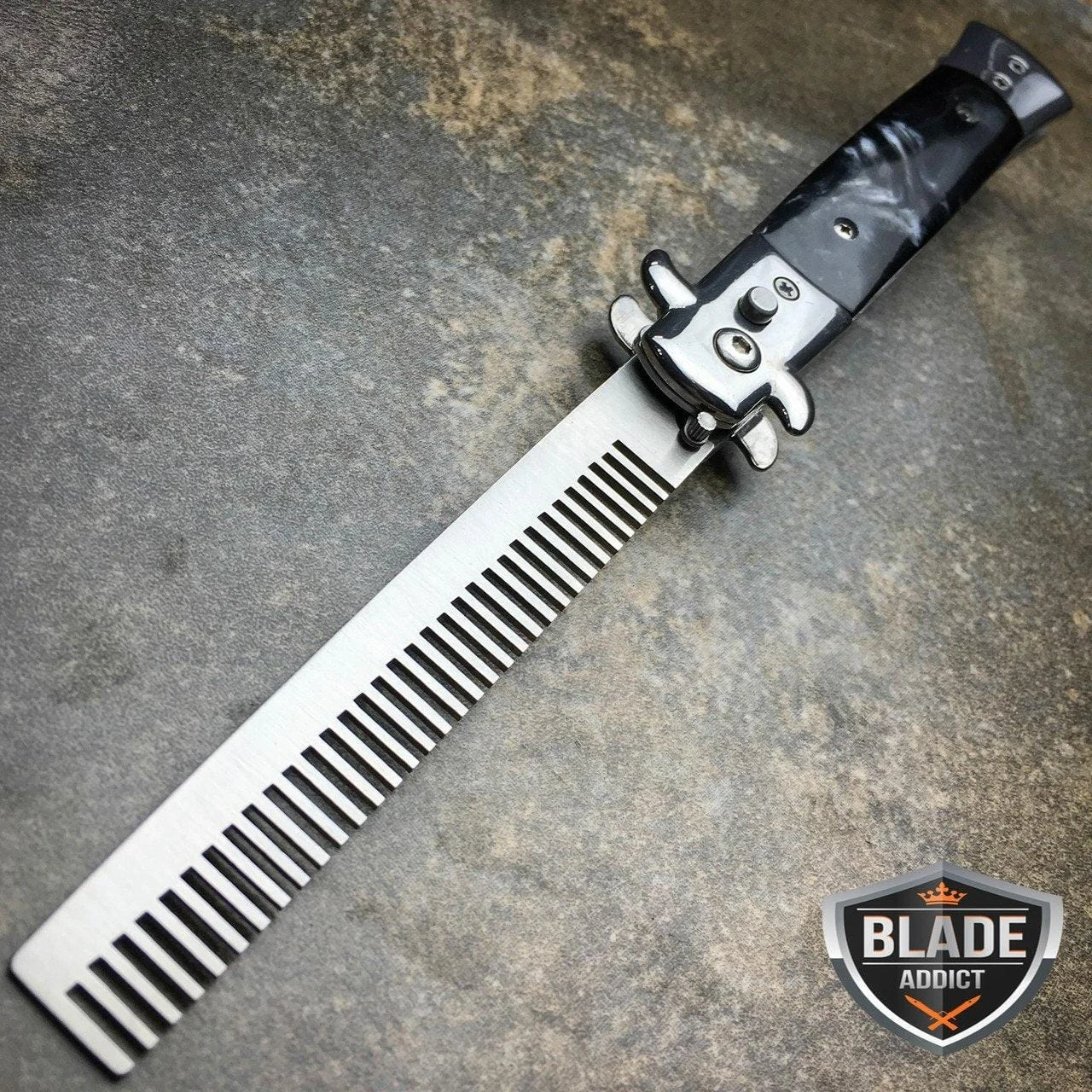 Auto Push Button Folding Comb Switchblade Knife Looking Brush Pearl 4 Auto Push Button Folding Comb Switchblade Knife Looking Brush Pearl - Image 2