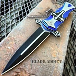 CELTIC CROSS Folding Blade STILETTO Pocket Knife Blue
