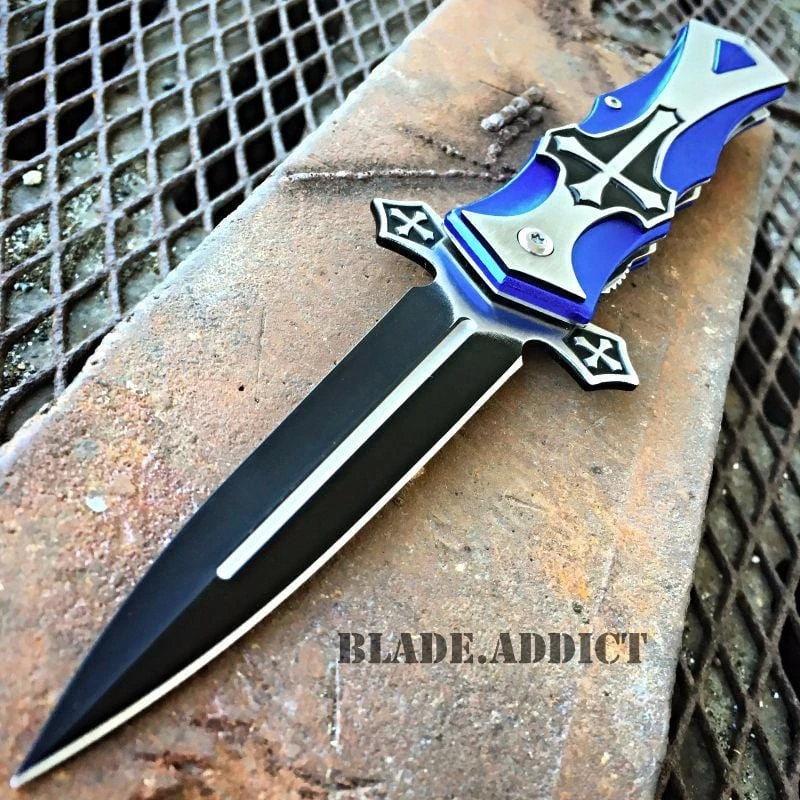 CELTIC CROSS Folding Blade STILETTO Pocket Knife Blue 3 CELTIC CROSS Folding Blade STILETTO Pocket Knife Blue