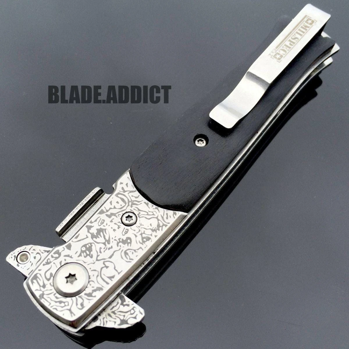 Damascus Italian Stiletto Black SWIRL Spring Assisted Pocket Knife 5 Damascus Italian Stiletto Black SWIRL Spring Assisted Pocket Knife - Image 3