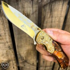 8.25" FLORAL Tactical Spring Assisted Open Folding Pocket Knife Blade 15 8.25" FLORAL Tactical Spring Assisted Open Folding Pocket Knife Blade -BLADE ADDICT Sales bladeaddictknives pocket knives gold w brown swirl 8 25 floral tactical spring assisted open folding pocket knife blade 12787430457432
