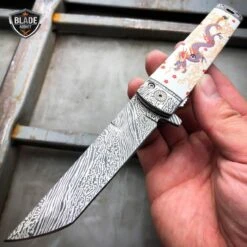 8" Dragon Damascus Sword Style Spring Assisted Folding Pocket Knife -BLADE ADDICT Sales bladeaddictknives pocket knives white 8 dragon damascus sword style spring assisted folding pocket knife 3905052901464