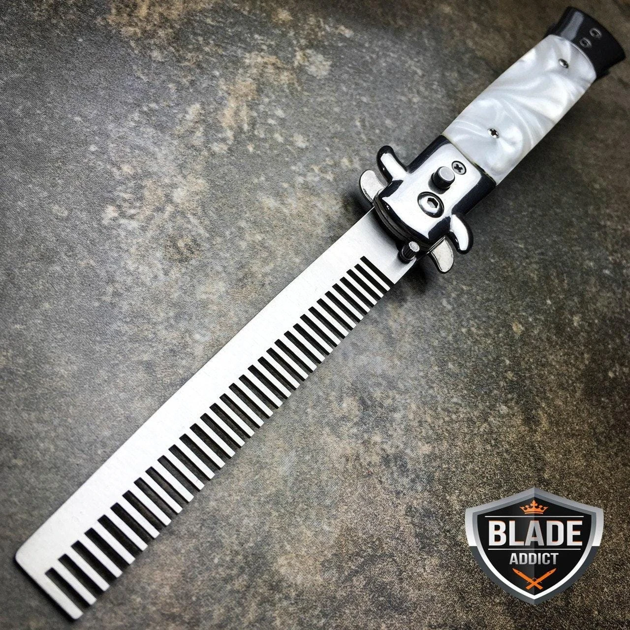 Auto Push Button Folding Comb Switchblade Knife Looking Brush Pearl 6 Auto Push Button Folding Comb Switchblade Knife Looking Brush Pearl - Image 4