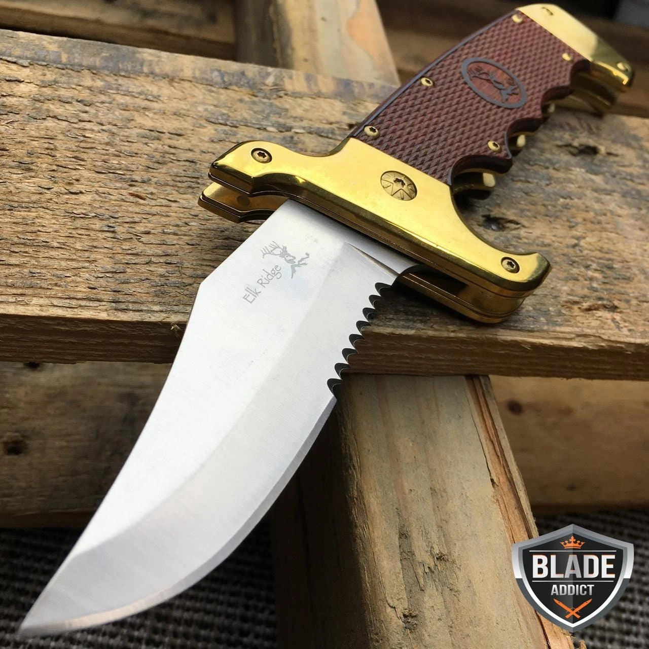 Wood Handle Bowie Style Spring Assisted Folding Pocket Knife Gold 4 Wood Handle Bowie Style Spring Assisted Folding Pocket Knife Gold - Image 2