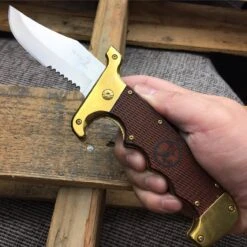 Wood Handle Bowie Style Spring Assisted Folding Pocket Knife Gold 9 Wood Handle Bowie Style Spring Assisted Folding Pocket Knife Gold -BLADE ADDICT Sales bladeaddictknives pocket knives wood handle bowie style spring assisted folding pocket knife gold 407541874715