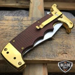 Wood Handle Bowie Style Spring Assisted Folding Pocket Knife Gold 10 Wood Handle Bowie Style Spring Assisted Folding Pocket Knife Gold -BLADE ADDICT Sales bladeaddictknives pocket knives wood handle bowie style spring assisted folding pocket knife gold 407542071323