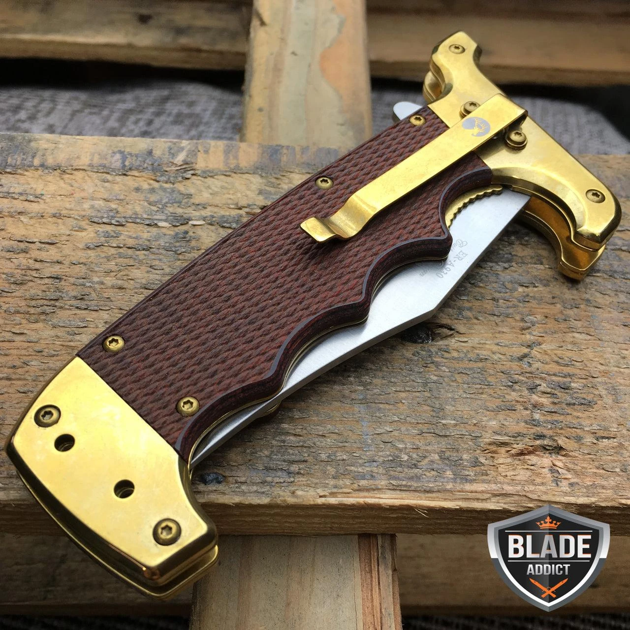 Wood Handle Bowie Style Spring Assisted Folding Pocket Knife Gold 6 Wood Handle Bowie Style Spring Assisted Folding Pocket Knife Gold - Image 4