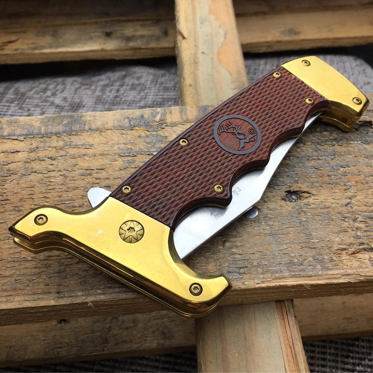 Wood Handle Bowie Style Spring Assisted Folding Pocket Knife Gold 7 Wood Handle Bowie Style Spring Assisted Folding Pocket Knife Gold - Image 5