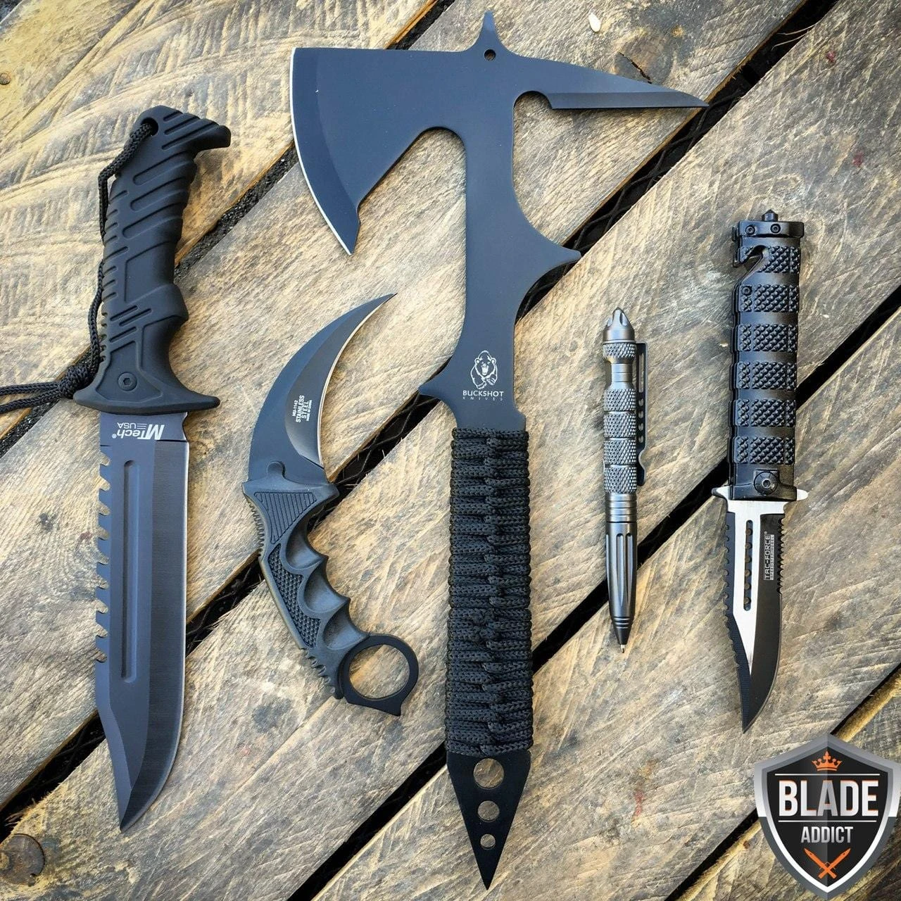5PC BLACK SURVIVAL FIXED BLADE KARAMBIT TOMAHAWK AXE POCKET KNIFE SET 2 5PC BLACK SURVIVAL FIXED BLADE KARAMBIT TOMAHAWK AXE POCKET KNIFE SET