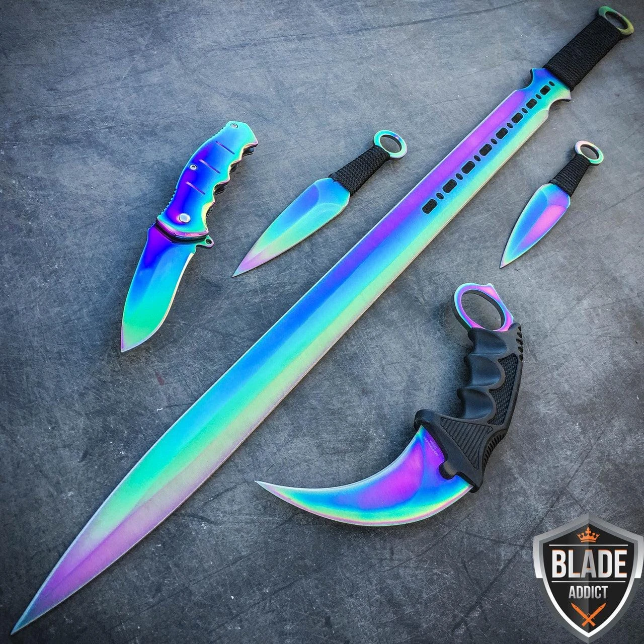 5PC Rainbow Fixed Blade Machete Sword Throwing Knife Karambit Set 3 5PC Rainbow Fixed Blade Machete Sword Throwing Knife Karambit Set